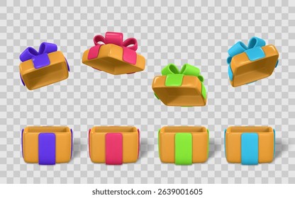 Colorful 3D Gift Boxes with Ribbons in Various Angles on Transparent Background. Bright, Festive, and Perfect for Celebrations. Vector Illustration.