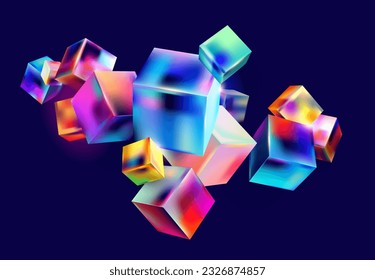 Colorful 3D glass cubes on dark background. Abstract geometric composition.