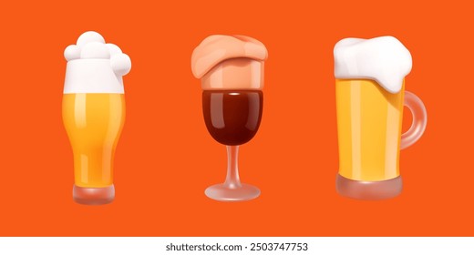 Coloridos vasos de cerveza 3D con tapas espumosas, sobre un fondo naranja vibrante. Bebida y concepto de celebración.