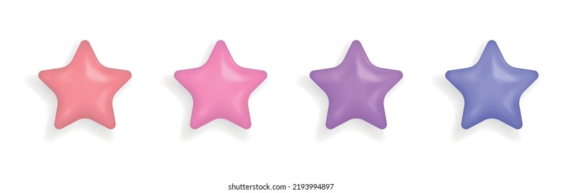 Colorful 3d glossy stars. Red, pink, purple, blue. Achievements, customer rating feedback. Vector realistic illustration