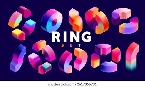 Colorful 3D gradient ring set features various abstract forms on a dark background. The vector illustration showcases vibrant hues and unique shapes ideal for design projects.