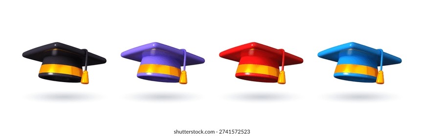 Colorful 3D graduation cap set with golden tassels isolated on white background. Vector illustration.