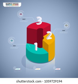 Colorful 3D graph stair step to success business concept infographic template. Can be used for workflow layout, diagram web design, banner, step up, infographics. Vector Illustration