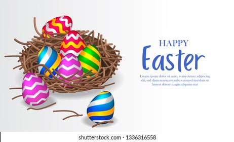 Colorful 3D group egg decoration for easter party celebration on the nest. Poster, layout banner, ad promotion template. Vector illustration