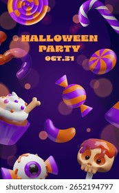 Colorful 3D Halloween party poster with vibrant candies and sweets on a purple background. The designs features playful lollipops, candy canes, cupcakes, eyeballs, jelly worms, and skull lollipops.