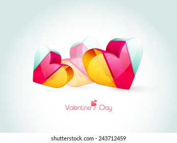Colorful 3D hearts for Happy Valentine's Day celebration on shiny sky blue background.