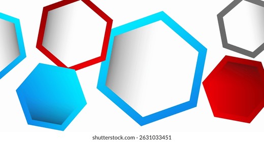 Colorful 3D hexagons with gradient fills and bold outlines, floating on a white background in a modern abstract design.