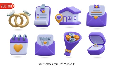 colorful 3D icon set featuring wedding and love-related items, including rings, house, letter, bouquet, and more. These 3D illustrations represent icons for wedding, anniversary, and love themes.
