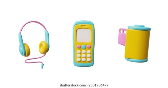 Colorful 3D icons of 90s retro technology. Vector illustrations of a yellow and teal mobile phone, a yellow and pink film roll, and blue and yellow headphones.