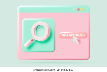 A colorful 3D illustration of a web search interface featuring a magnifying glass, search button, and cursor on a pastel background, representing online functionality in a visually appealing design