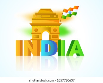 Farbiger 3D-indischer Text mit indischem Tordenkmal und starker nationaler Flagge auf weißem Hintergrund.