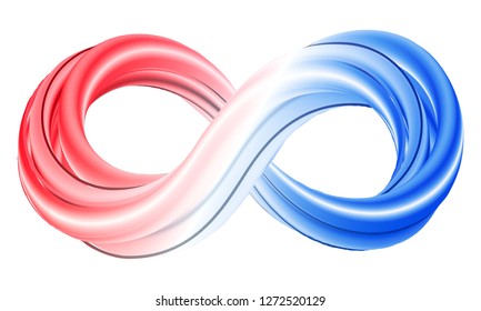 Colorful 3d infinity icon isolated on white background. Abstract math background. Red and blue colored infinity symbol. Vector illustration.