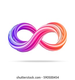 Colorful 3d infinity icon on white background. Abstract math background. Rainbow colored infinity symbol. Vector illustration.