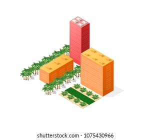 Colorful 3D isometric city of houses and street of the urban multicolored landscape