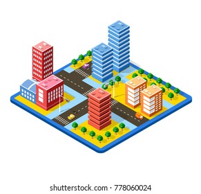 Colorful 3D isometric city of houses and street of the urban multicolored landscape