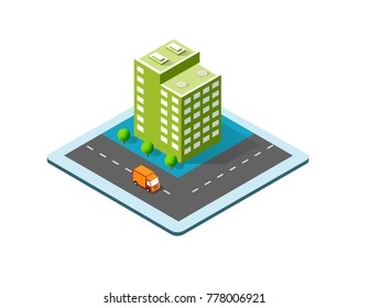 Colorful 3D isometric icon city of skyscrapers