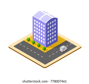 Colorful 3D isometric icon city of skyscrapers
