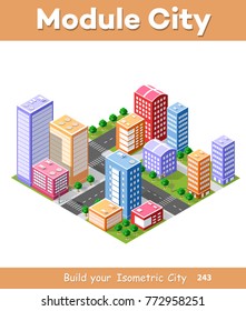 Colorful 3D isometric module is an area for constructing the design and construction of dimensional city for creativity and conceptual presentation. Skyscrapers, houses and streets of urban landscape