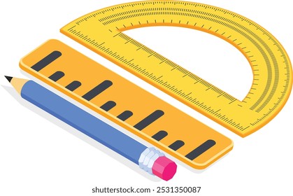 Uma ilustração vetorial isométrica 3D colorida com ferramentas essenciais de geometria escolar: um projetor, régua e lápis. Ideal para conteúdo educacional, desenhos de papelaria e temática back-to-school.