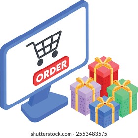 A colorful 3D isometric vector illustration featuring a computer screen displaying a shopping cart icon with an "Order" button, alongside multiple gift boxes wrapped with ribbons.