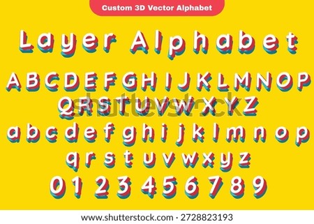 Colorful 3d layered alphabet vector with uppercase and lowercase letters plus numbers displayed on a bright yellow background featuring extruded shadows for a playful and modern look.