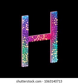 colorful 3D letter H isolated on black with decorative circles inside and outside the letter. pleasing festive symbol for birthday, cards, celebration, symbol and new baby name.mesh gradient design