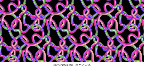 Colorful 3D line pattern creates an abstract rainbow design with intertwined hoses against a dark background.