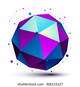 Colorful 3D mesh modern spherical abstract object, origami futuristic symbol with lines mesh isolated on white background.