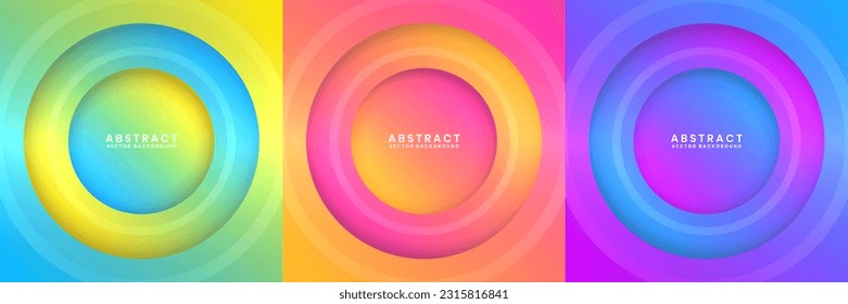 Colorido conjunto 3d moderno de fondo abstracto. Superponer la capa sobre un espacio luminoso con la decoración de círculos. Diseño gráfico minimalista concepto de corte de elementos para portada de banner, volante, tarjeta o folleto