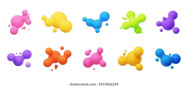 Colorful 3D morphing balls. Liquid blobs like lava lamp. Fluid 3D metaballs. Bright vector illustration for cards, posters, advertising, flyers. Isolated on white background