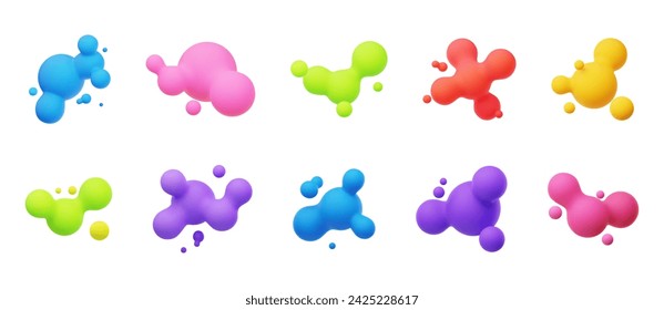 Colorful 3D morphing balls. Liquid blobs like lava lamp. Fluid 3D metaballs. Bright vector illustration for cards, posters, advertising, flyers. Isolated on white background.