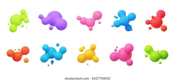 Bunte 3D-Morphing-Kugeln. Flüssige Kleckse wie Lava-Lampe. In: Fluid 3D Metaballs. Helle Vektor-Illustration für Karten, Plakate, Werbung, Flyer. Isoliert auf weißem Hintergrund.