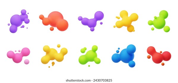 Colorful 3D morphing balls. Liquid blobs like lava lamp. Fluid 3D metaballs. Bright vector illustration for cards, posters, advertising, flyers. Isolated on white background