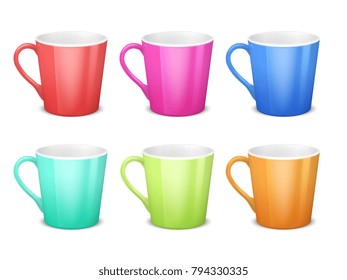Colorful 3d mugs, empty coffee ceramic cup isolated vector collection. Illustration of colored cup drink