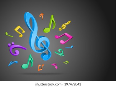 Colorful 3d music notes vector background