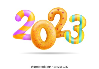 Colorful 3D numbers of coming 2023 New Year on isolated white background. Design element for decor. Ornament in style of New Years candy, shiny confetti and red Christmas stars. Vector illustration