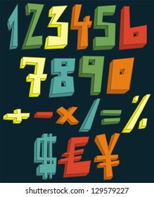 Coloridos números 3d, matemáticas y signos de moneda