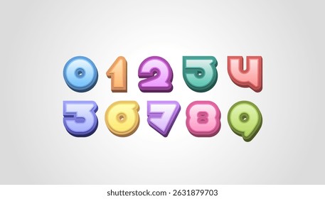 Colorful 3D numbers set in the cartoon style, multicolored numerals 0 to 9 made in kids art style, vector illustration 10EPS