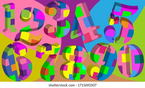 Colorful 3d numbers in various orientations against a multi color backdrop.