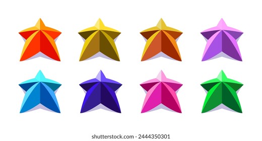 Colorful 3d perspective stars set with light and shadows. Orange, yellow, brown, purple, blue, cyan, pink and green.