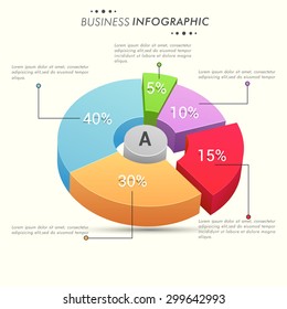 Colorful 3D pie chart with different percentage for your business repors and data presentation.