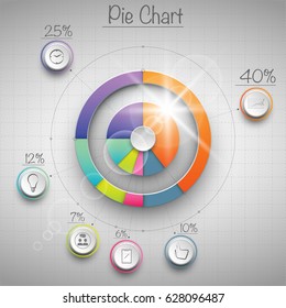 Colorful 3D pie chart with flare above piece of paper for documents, reports, presentations and infographic