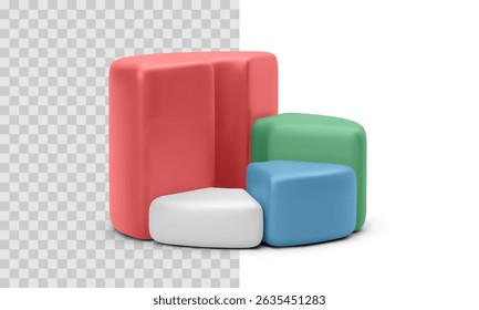 Colorful 3D Pie Chart With Four Segments In Red, Green, Blue, And White On Transparent Background. Modern Infographic For Business Report, Finance Data, Or Marketing Analytics. Vector Illustration - Powered by Shutterstock - Get 15% off with code: PIKWIZARD15