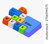 Colorful 3D Pixel Keyboard With Work Theme Keys. Colorful 3D pixel keyboard layout with playful arranged keys forming the word work in vibrant block style for digital design and creative concepts