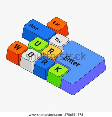 Colorful 3D Pixel Keyboard With Work Theme Keys. Colorful 3D pixel keyboard layout with playful arranged keys forming the word work in vibrant block style for digital design and creative concepts