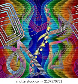 Colorful 3d pixel seamless pattern. Geometric mosaic digital background. Vector repeat    halftone backdrop. Trendy art pixel bright ornament. Half tone endless texture. Doodle hand drawn lines, signs