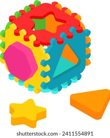 Colorful 3D puzzle ball with shapes beside it. Educational toy for children development. Creative kids game vector illustration.