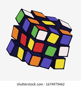 Colorful 3d puzzle cube combination vector graphic illustration. Classic difficult logic game entertainment isolated on white background. Concept of find solution and decision problem