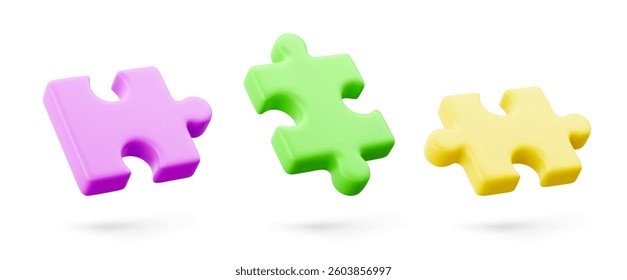 Colorful 3d puzzle pieces in pastel yellow, pink and green hues. Glossy jigsaw elements with rounded edges and smooth plastic texture for logical game, problem solving, creative solution concept.