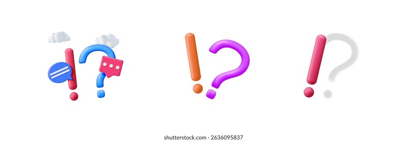 Colorful 3d question and exclamation marks in three different combinations. Problem and solution concept, with clouds speech bubbles.